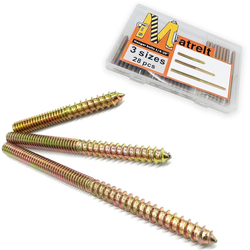 Matrelt 28 Pack 1/4-20" Hanger Bolts - 3 Sizes, 2-4 Inch Double Headed Bolts - Wood Dowel Screw Self-Tapping Screw Hanger Bolts for Furniture - Image 1